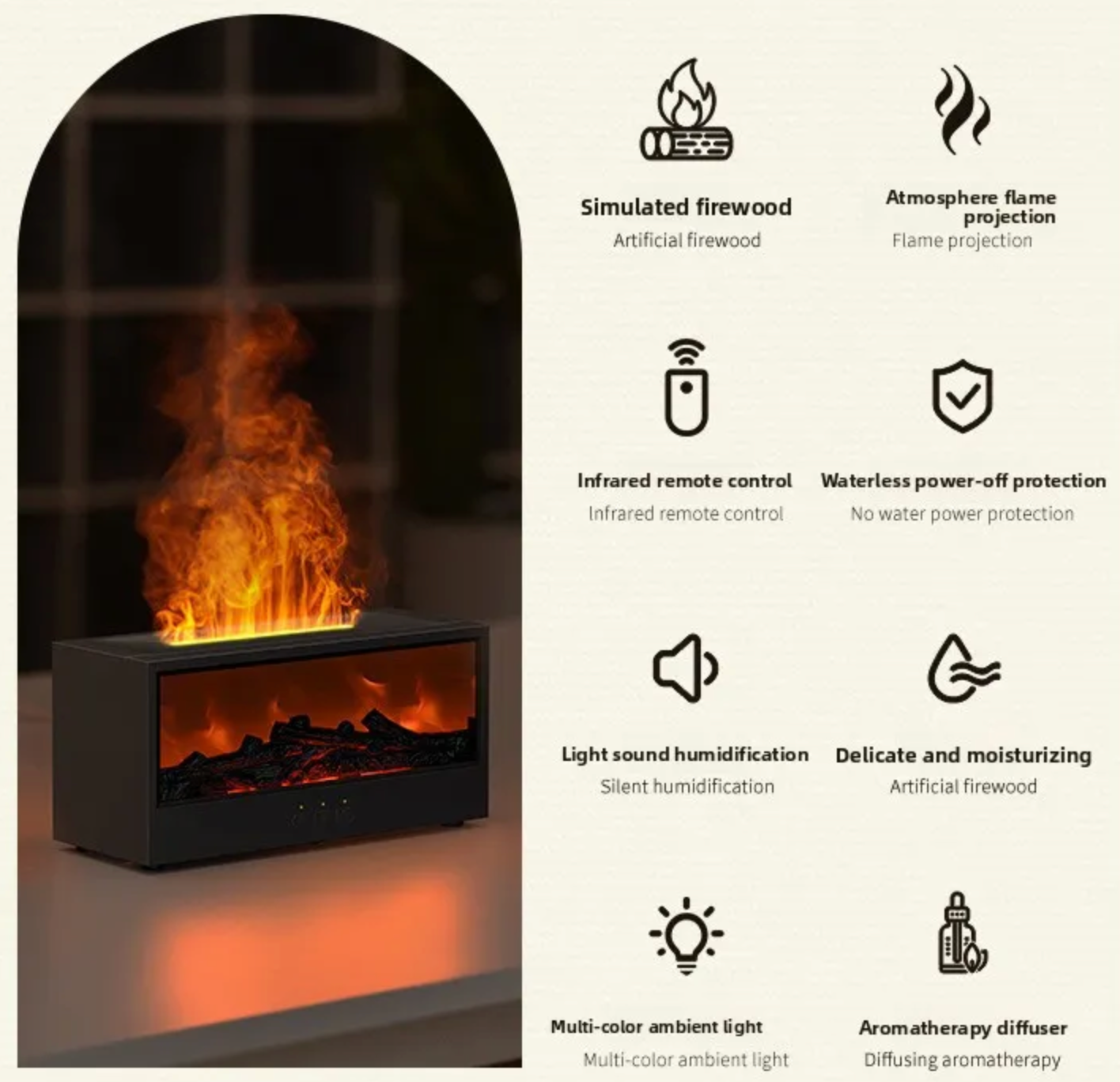 Fireside Mist Fireplace Humidifier with 3D Flame and Remote Control
